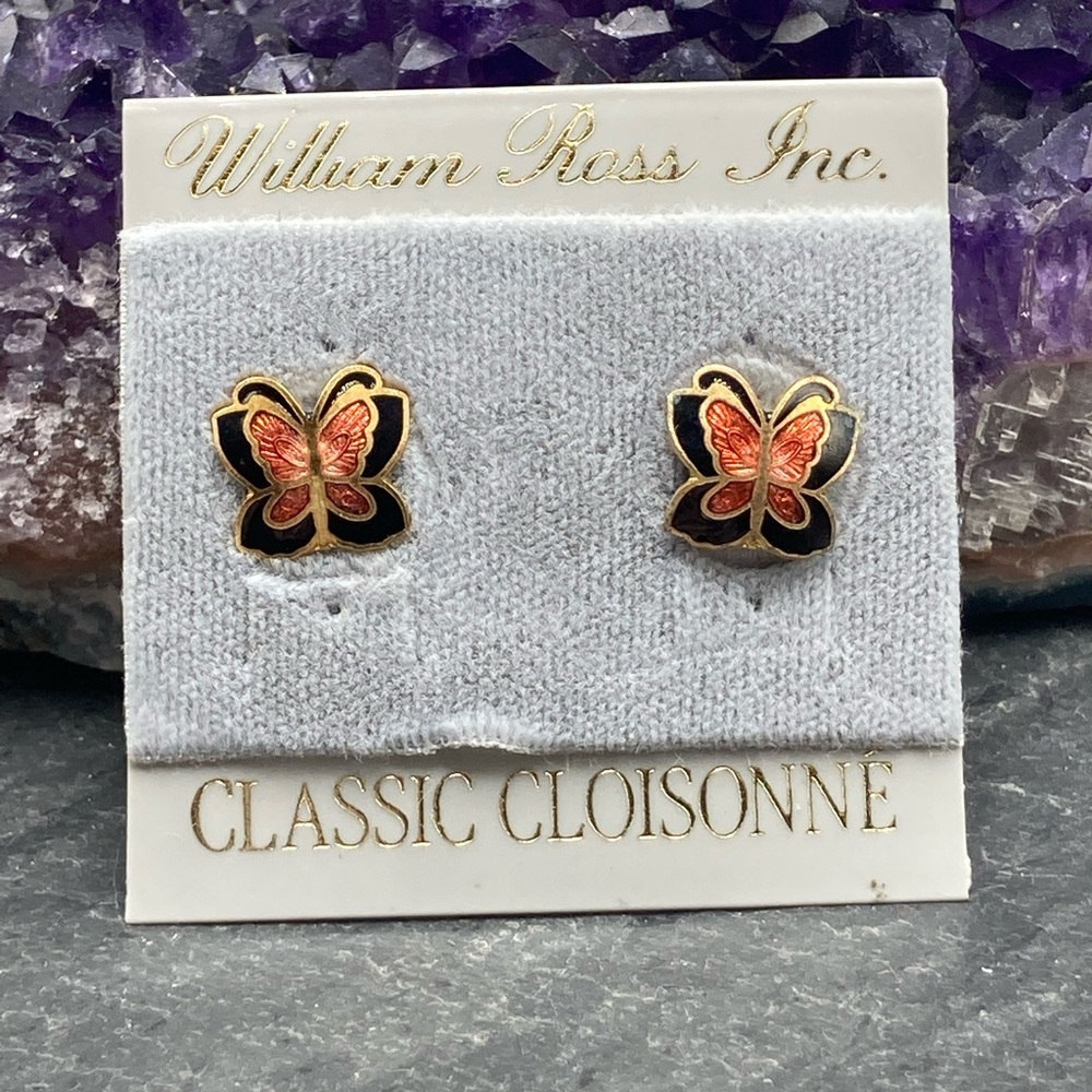 #1586 NWT Women’s Vintage cloisonné butterfly black orange enamel goth earrings